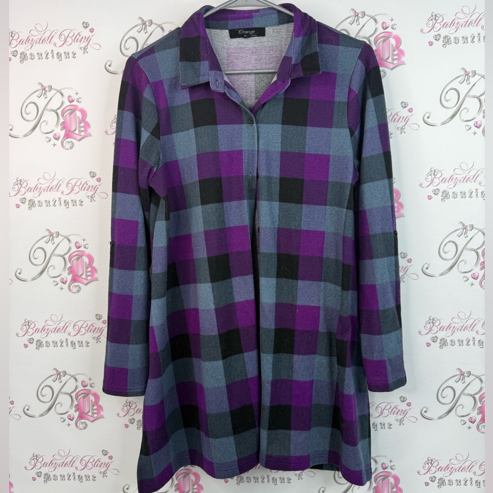 Orange fashion village shirt long Plaid Button Down Shirt in Purple and Black